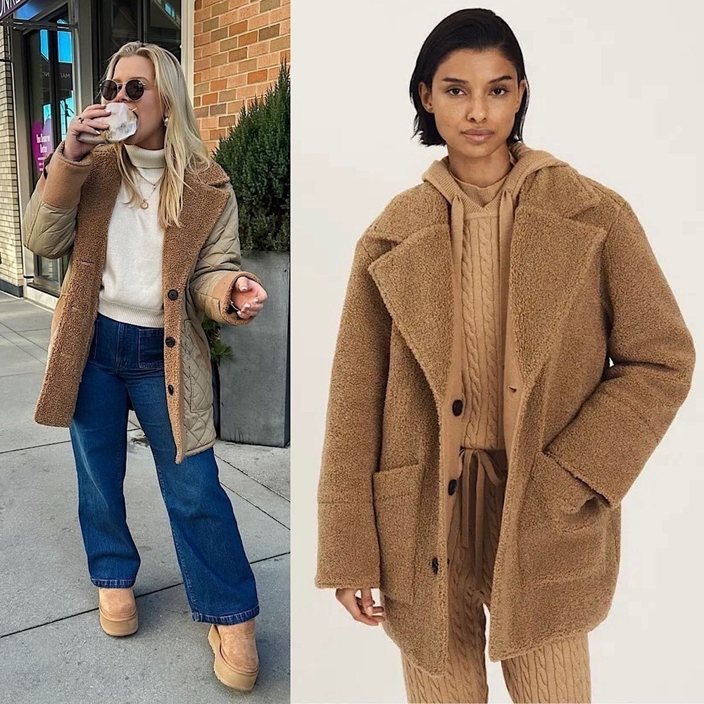 DEREK LAM 70s Reversible Wool Blend Quilted Faux Shearling Oversized Barn Coat 6